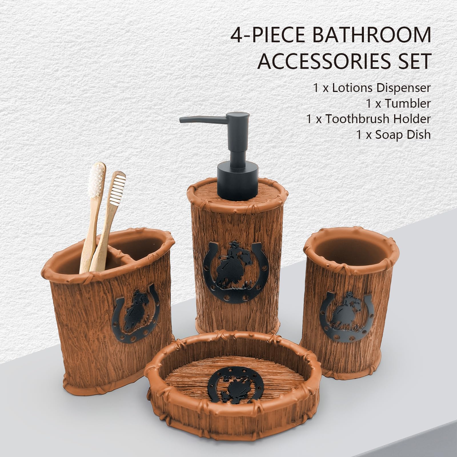 Bathroom Accessory Sets 4PCS Bathroom Accessories Set Complete Western Rustic Horseshoes Decoration Includes Lotion Dispenser Toothbrush Holder Tumbler Cup & Soal Dish