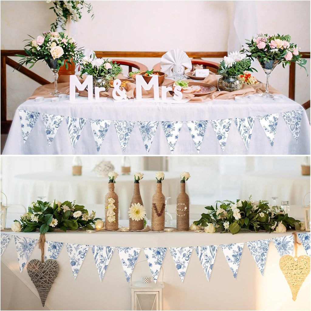 Skiennix Vintage Floral Paper Pennant Garland - 5 Pieces Blue & White Triangle Banner for Weddings & Showers