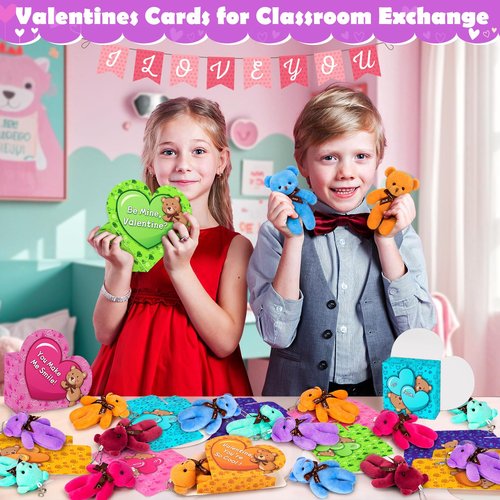 BAYSING Valentines Day Cards for Kids School, 24 Pack Stuffed Bears Keychains Plush Toys, Valentine Day Party Favors for Boys Girls, Ideal Exchange Cards for Classroom