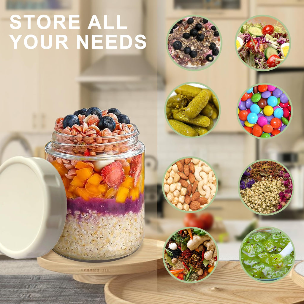 RYTSAS 6 Pack Glass Overnight Oats Jars with Airtight Lid, 16OZ Wide Mouth Mason Jars, Leak Proof Glass Food Storage Containers for Yogurt, Oats, Chia Pudding, Snacks, Spice, Sugar