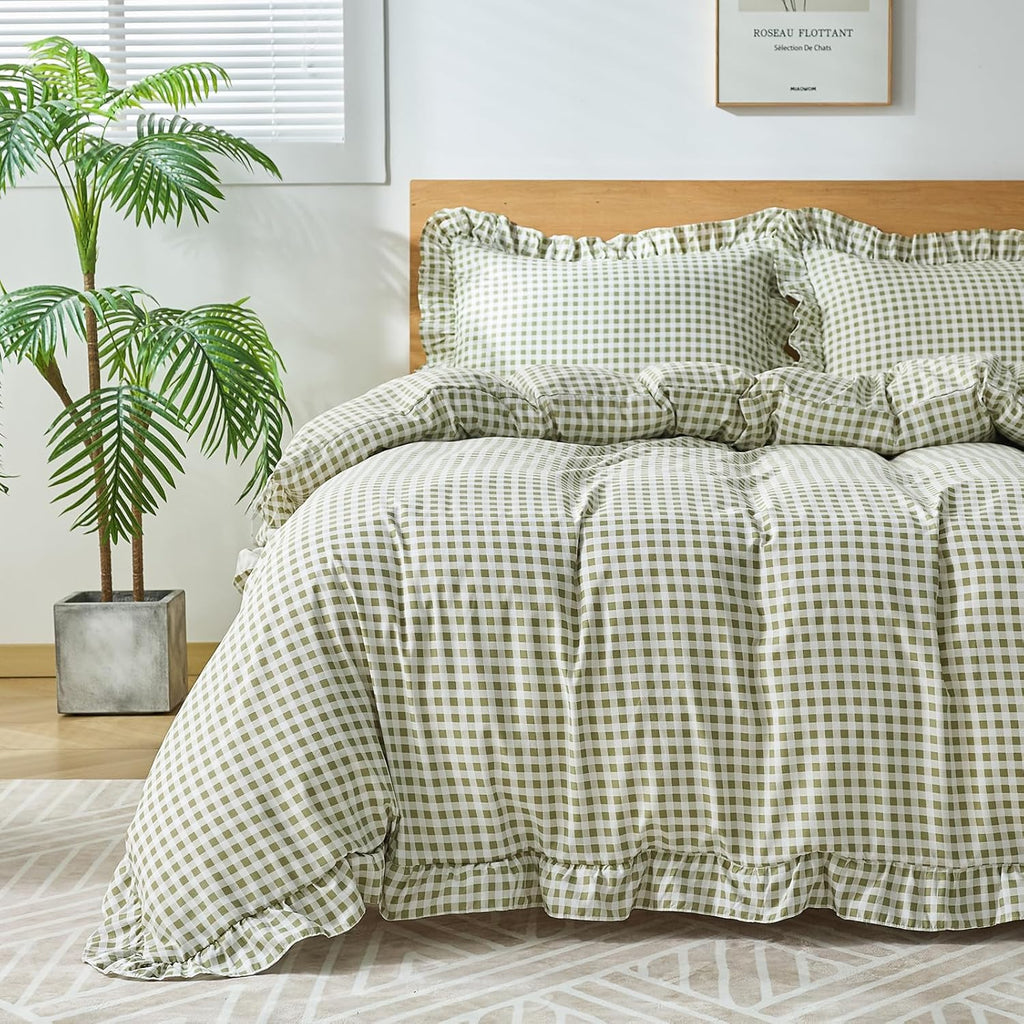 Regine Switzerland Gingham Duvet Cover Set - Soft Microfiber Queen Size with Zipper Closure & 2 Pillow Shams | Sage Green Farmhouse Decor