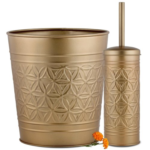 Autumn Alley Farmhouse Antique Gold Bathroom Accessories Set – Includes Gold Bathroom Trash Can & Toilet Brush with Holder, Handcrafted Modern Waste Bin & Standing Toilet Brush, Embossed Metal Décor