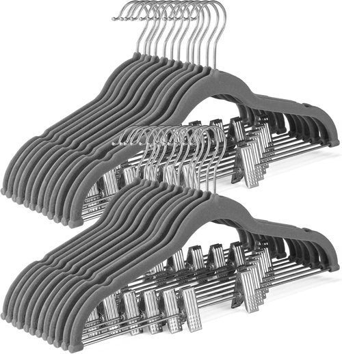 HOUSE DAY Velvet Skirt Hangers - 24 Pack Gray Non-Slip Adjustable Clip Hangers for Pants & Skirts