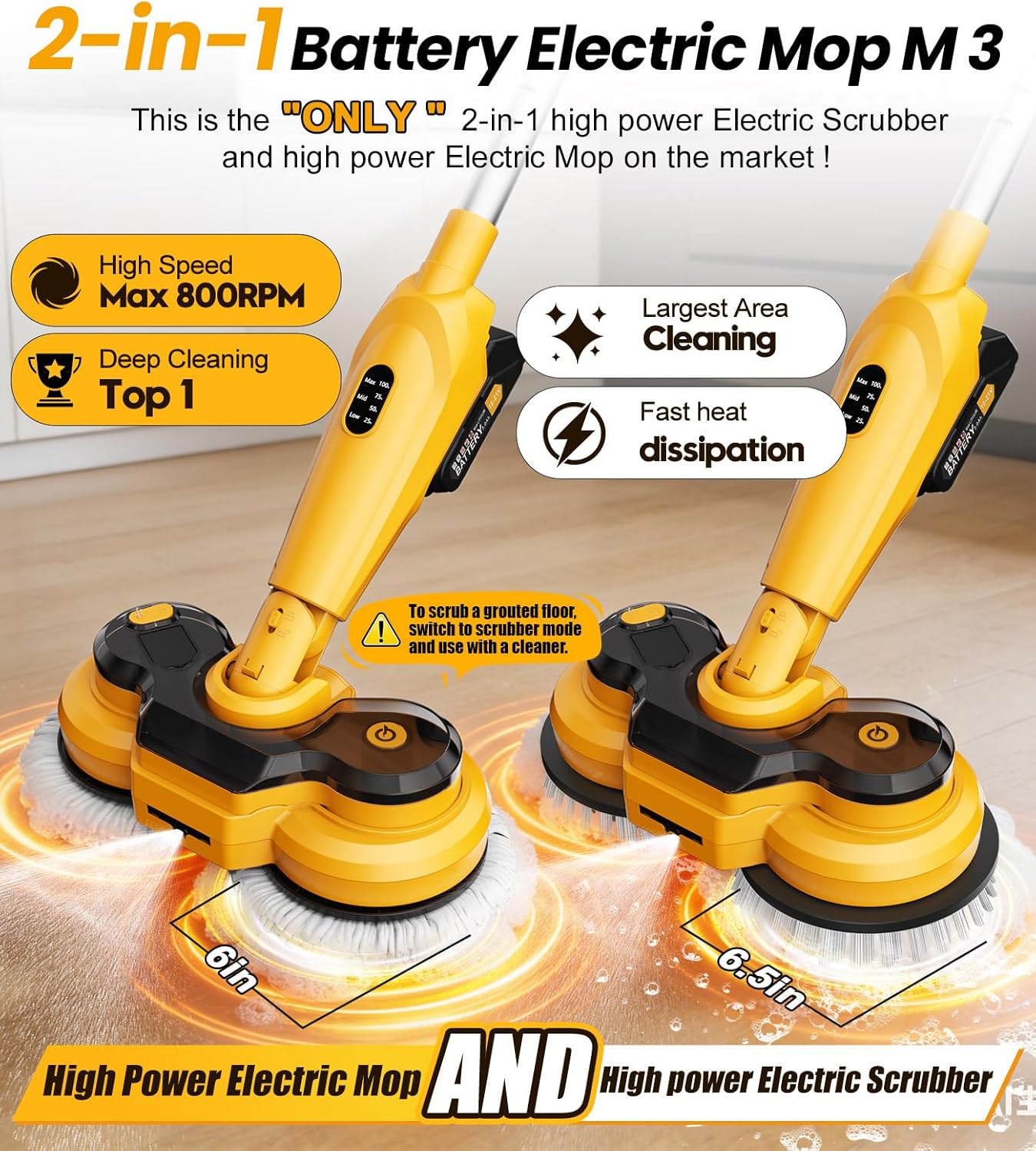 Qimedo 6000mAh Cordless Electric Mop - Powerful 800RPM Spin Scrubber with Smart Display & LED Light