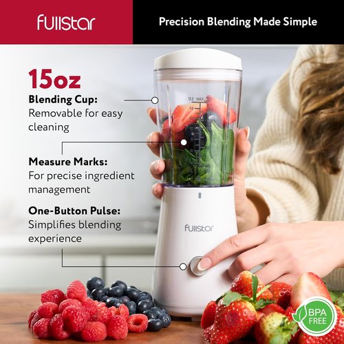 Fullstar Portable Blender - 15 oz Mini Personal Travel Blender for Smoothies & Shakes | Compact Design (White)