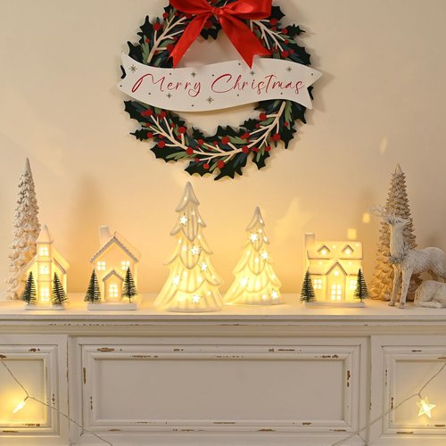 AOMOONOA Ceramic White Christmas Trees - Light Up Tabletop Porcelain Xmas Tree Figurines | 2-Piece Set