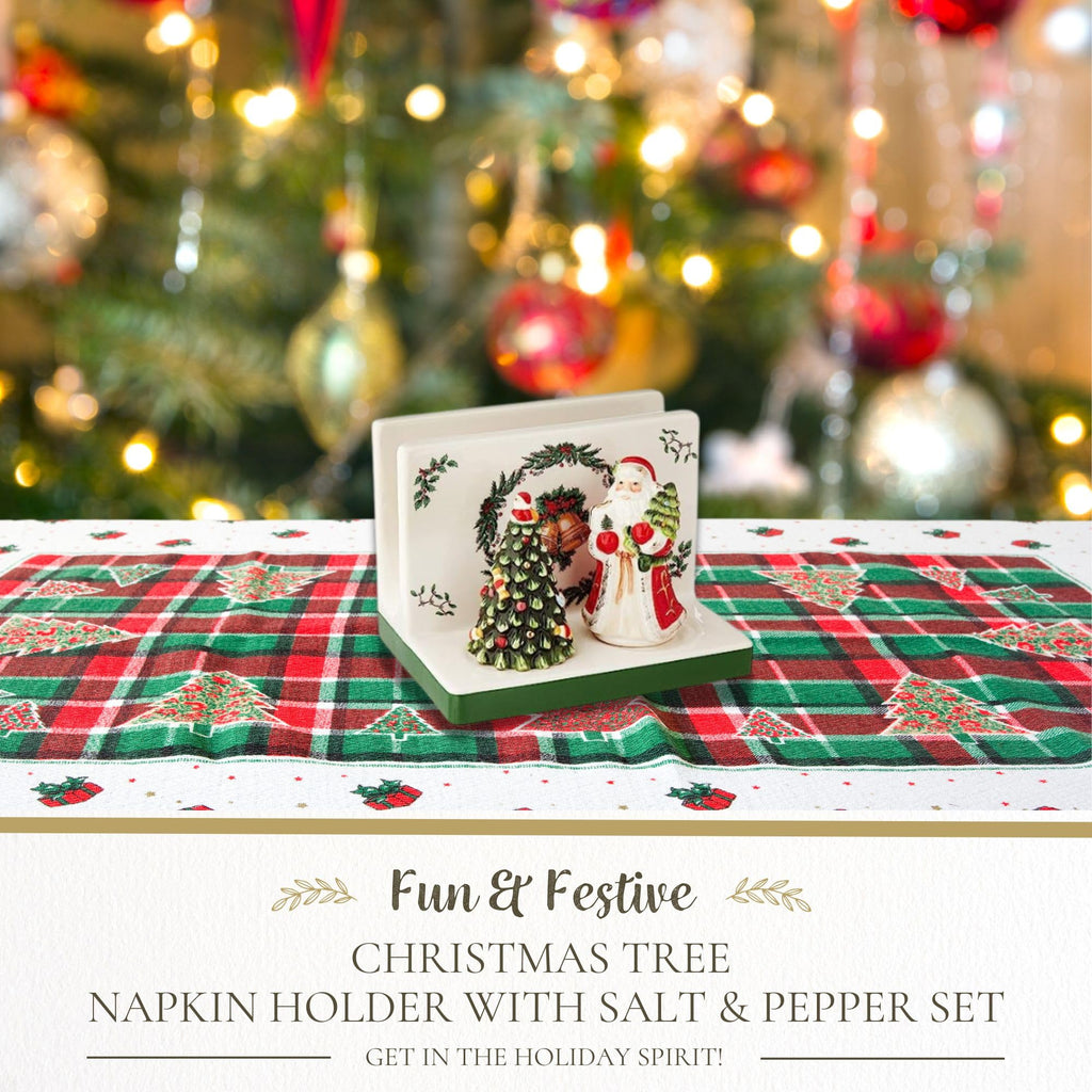 Spode Christmas Tree 3-Piece Hostess Set - Napkin Holder, Salt Shaker & Pepper Shaker (Santa & Tree Figural) - Festive Earthenware for Christmas, Holiday Entertaining - Decorative Gift Set
