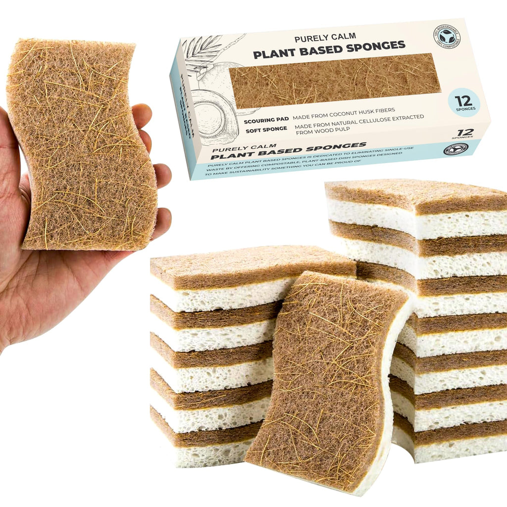 Purely Calm Plant Based Natural Sponge - Pack of 12 Cellulose Sponges, Safe on Non-Stick Cookware, Dual Sided Dish Sponge for Washing Dishes, Kitchen and Household
