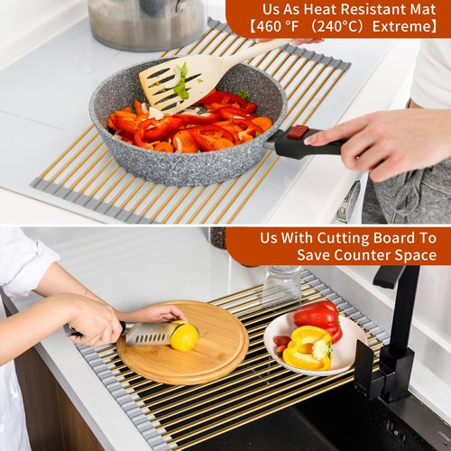 Golden Roll-UP Dish Drying Rack-Large Stainless Steel Dish Drainer Over The Sink for Kitchen Countertop, Applicable for Sink Width Less Than 16.5in (Gold,17.8'x 13.2')