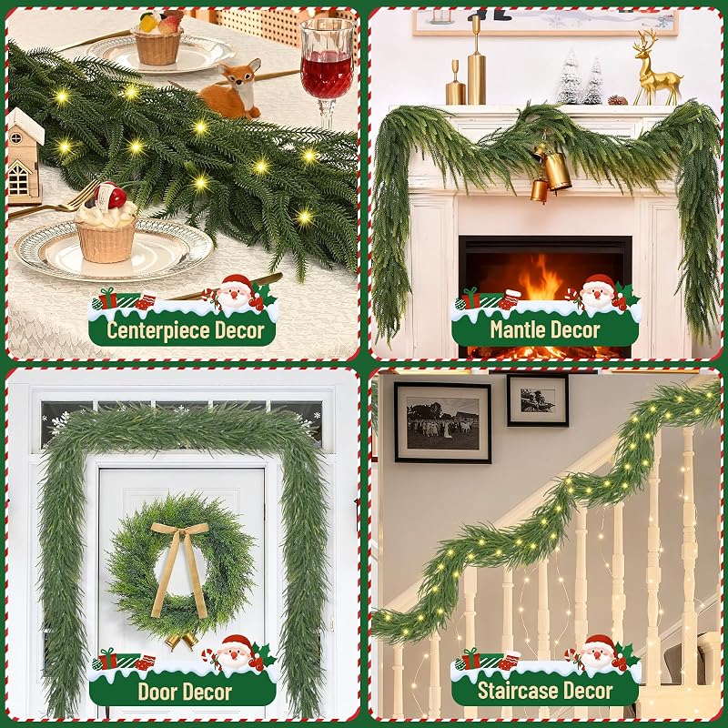 9 ft Cedar Garland with Lights - Realistic Norfolk Pine Christmas Wreath & Decoration