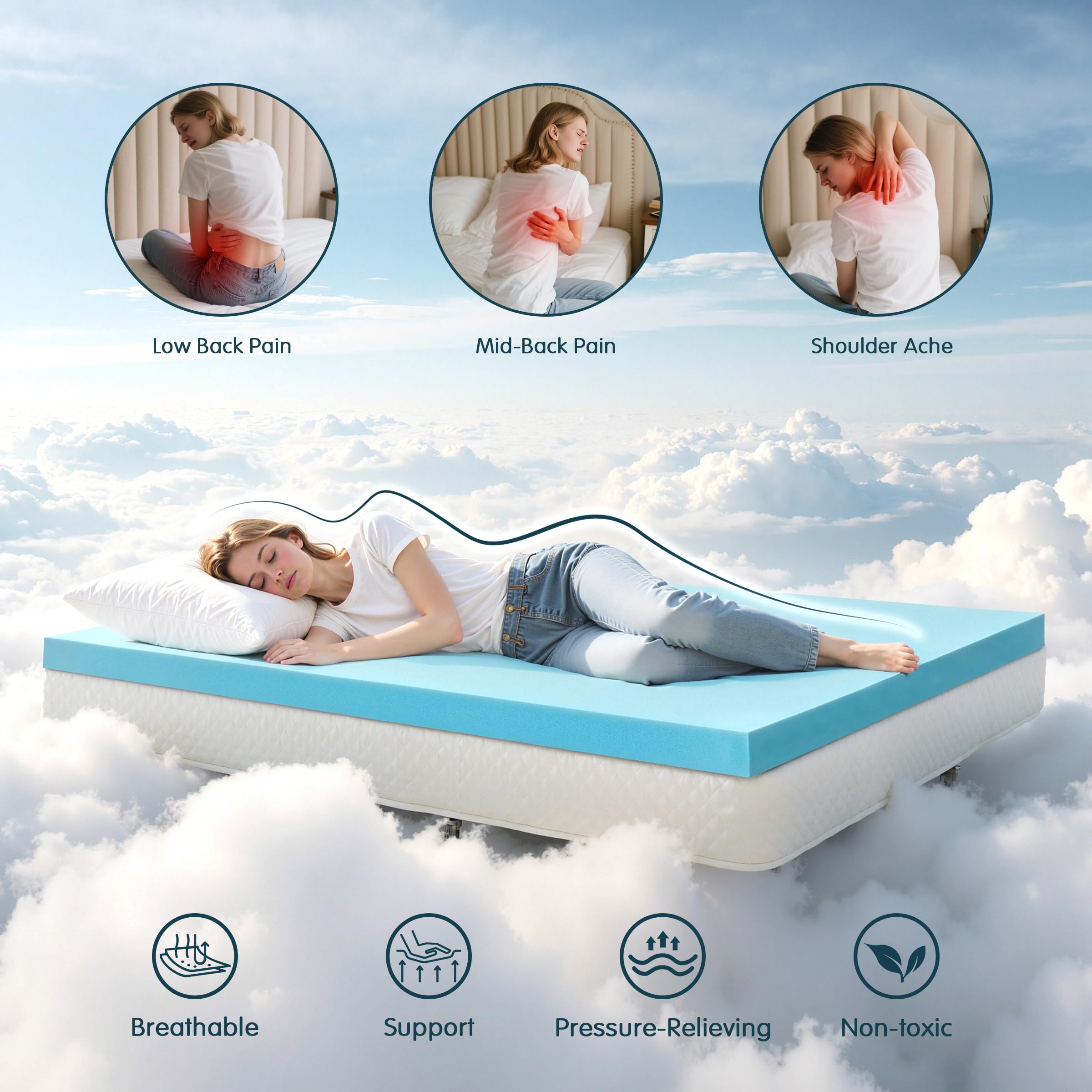 SyMax Memory Foam Mattress Topper, Gel Infused Foam Topper, Breathable Bed Topper, Pressure Relieving, CertiPUR-US Certified, 4 Inch, Queen Size