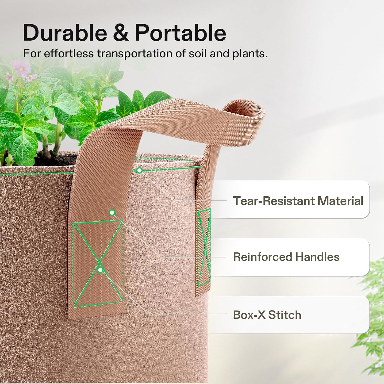 VIVOSUN 5-Pack Heavy Duty 1 Gallon Grow Bags | Thickened Nonwoven Fabric Pots with Strap Handles - Tan