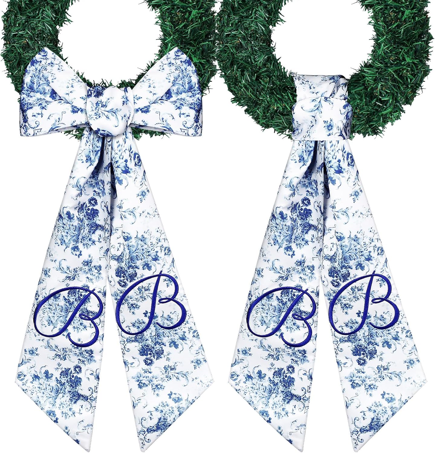 Mindsoft Monogram Wreath Sashes - Embroidered Letter B Chinoiserie Design | 56.2 Inch Blue & White Door Decor