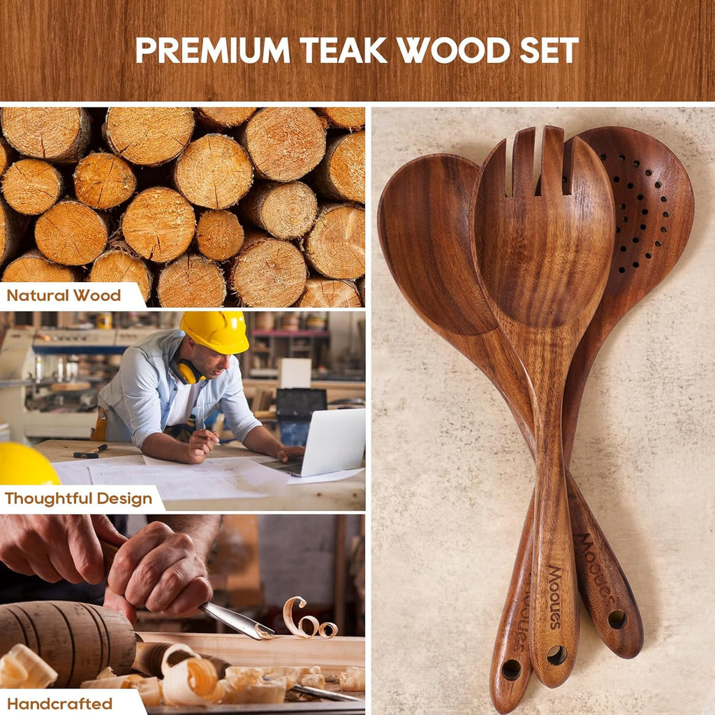 Skiennix Wooden Spoons Set - 10PCS Teak Cookware Utensils with Hooks | Smooth Finish & Heat Resistant