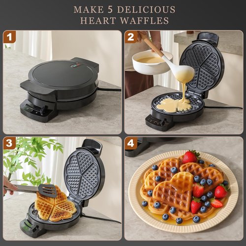 UVFAST Heart Waffle Maker, Heart Shaped Waffle Iron 5 Slices, Mini Waffle Makers with 8'' Non-stick Plates, Adjustable 5 Browning Control, Cool Touch Handle, Easy to Clean, Valentine's Day Gift, 1000W