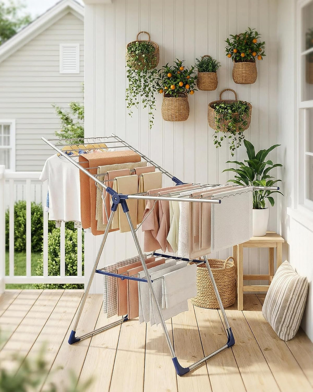 Sakugi Clothes Drying Rack - Height-Adjustable Metal Laundry Stand for Indoor & Outdoor Use | 55.5" L × 22.8" W, Silver Blue