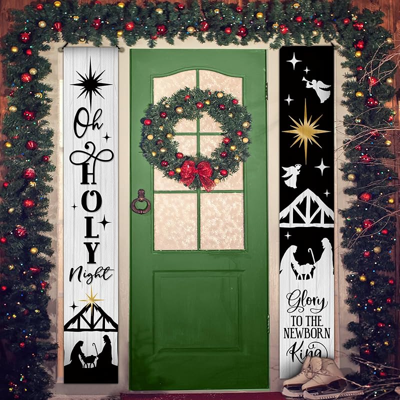 Holy Night Black Christmas Nativity Porch Banner Sign - 72 x 12 in, Water-Resistant Front Door Decor