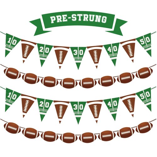 Pre-strung Football Party Decorations Banner - 4 Pack Football Garland with Triangle Flags & Pennants for Sports Themed Birthday, Tailgate Party Supplies