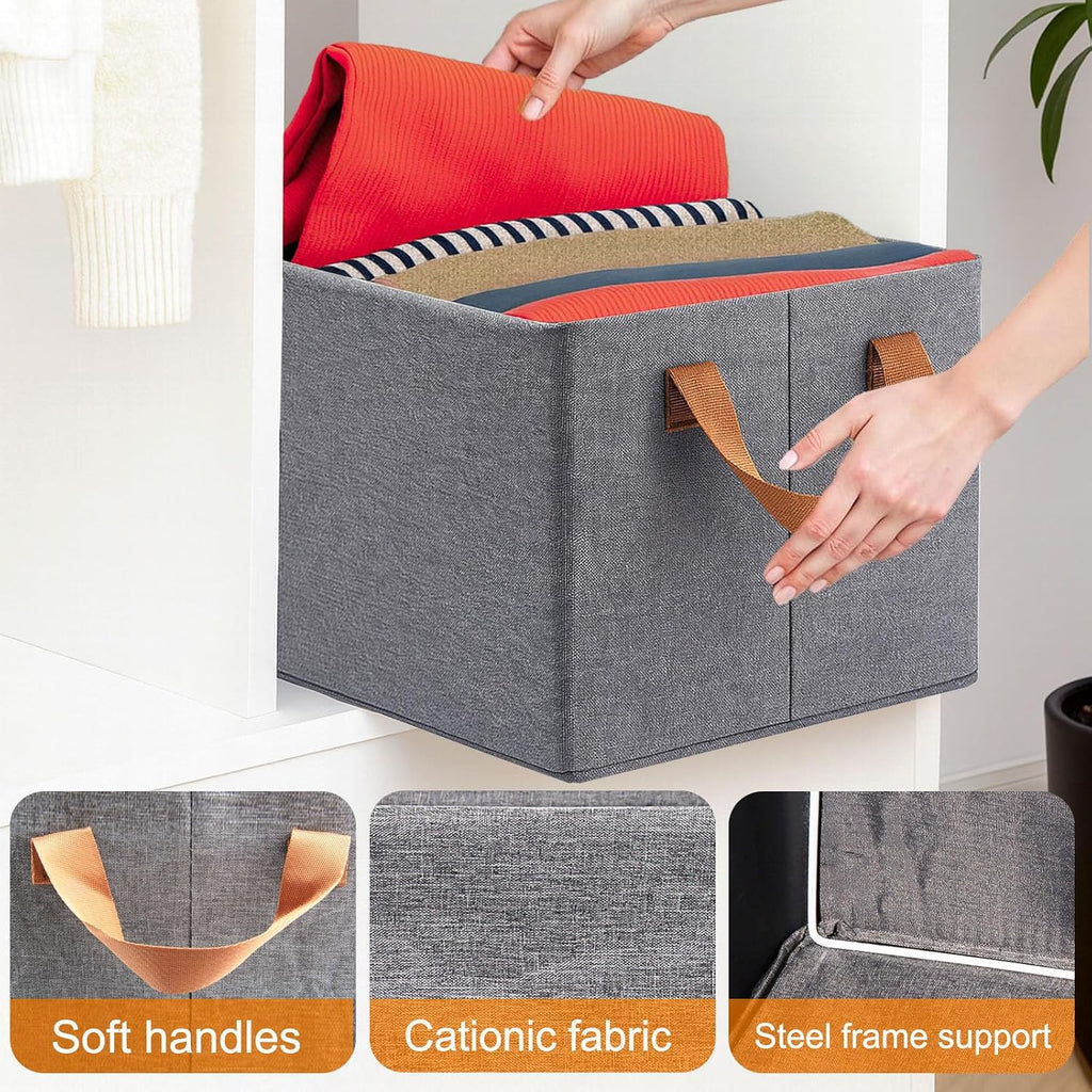 Skiennix Storage Cubes Organizer - Collapsible Fabric Bins with Reinforced Steel Frame | Gray, 18.5"x11"x7.9" - Perfect for Closets, Offices, and Toys
