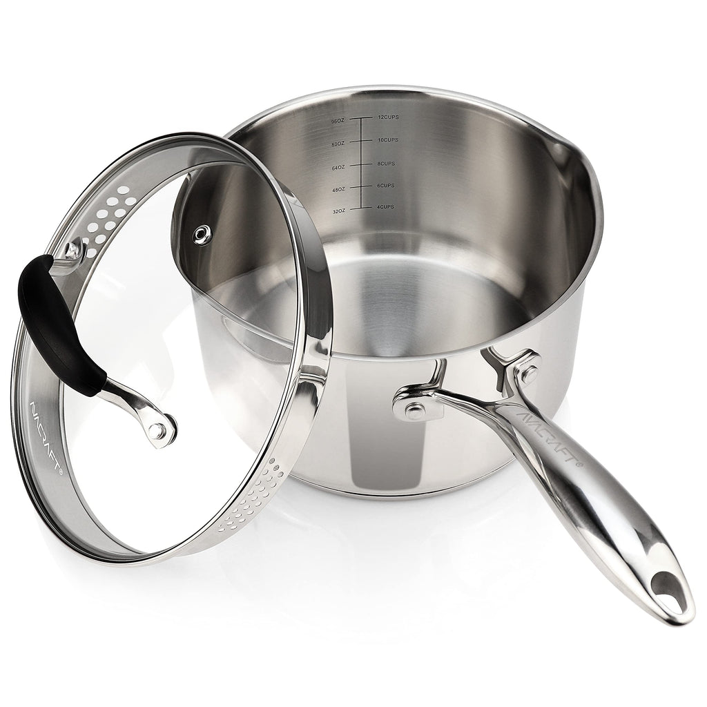 AVACRAFT Stainless Steel Saucepan with Glass Strainer Lid, Two Side Spouts for Easy Pour with Ergonomic Handle, Multipurpose Sauce Pot (5-Ply Capsule Bottom, 3.5 Quart)
