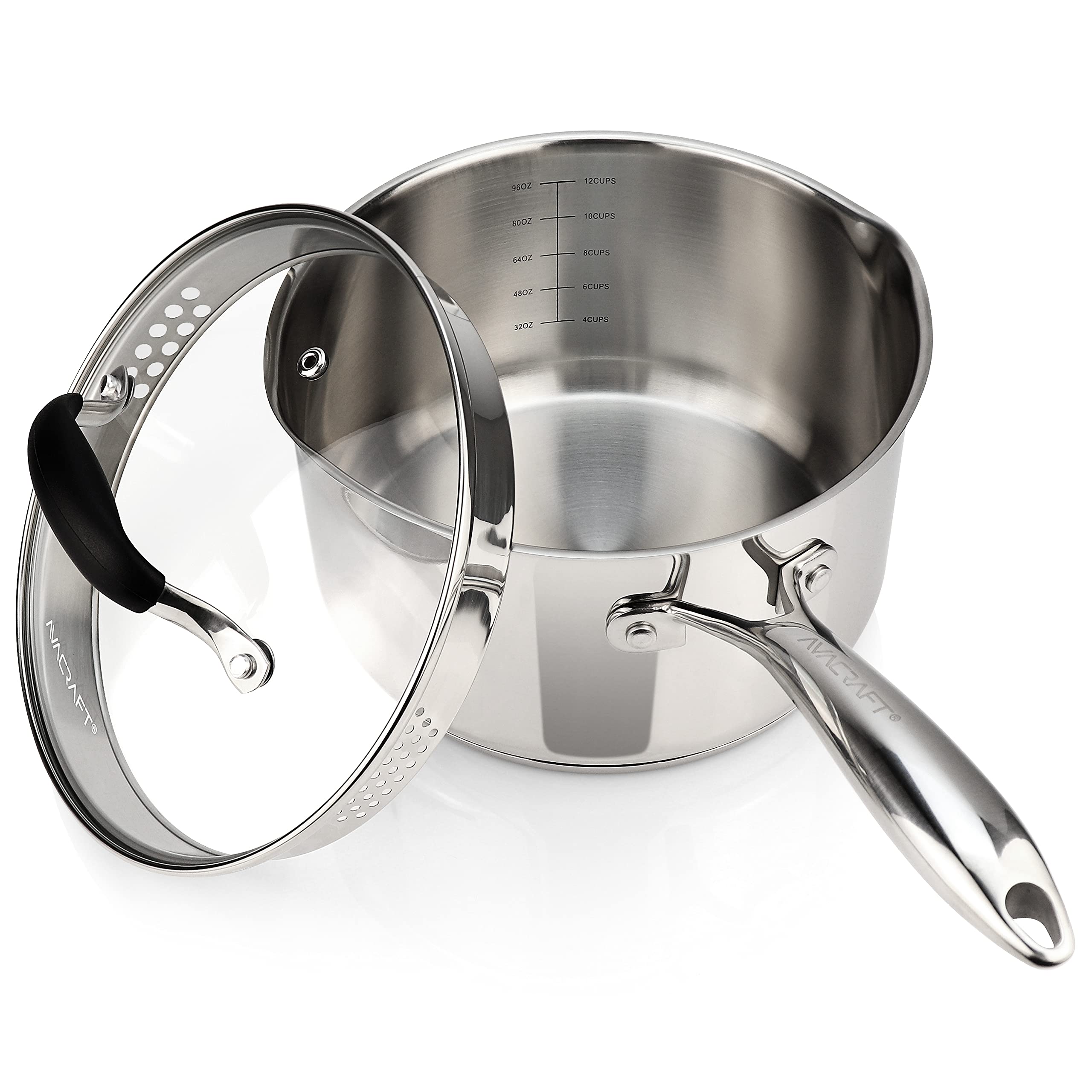AVACRAFT Stainless Steel Saucepan with Glass Strainer Lid, Two Side Spouts for Easy Pour with Ergonomic Handle, Multipurpose Sauce Pot (5-Ply Capsule Bottom, 3.5 Quart)
