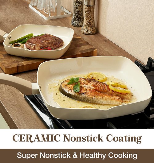 KOCH SYSTEME CS Nonstick Grill Pan for Indoor Cooking, 9.5 Inch Ceramic Square Frying Pan with Lid, Versatile Nonstick Griddle Pan for Stove Tops, Induction Compatible, Toxic-Free, Cream White