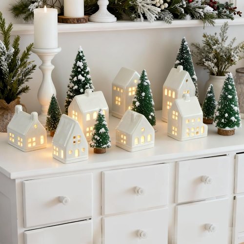 Christmas Village Set - 7 White Ceramic Houses with Remote LED Tea Lights & 8 Mini Trees | Farmhouse Holiday Decor