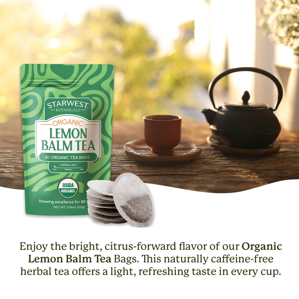 Starwest Botanicals Organic Lemon Balm Leaf Tea - Herbal Tea, Caffeine Free, USDA Organic Lemon Balm Leaf, String Free Sachets, Non GMO - 20 Bags