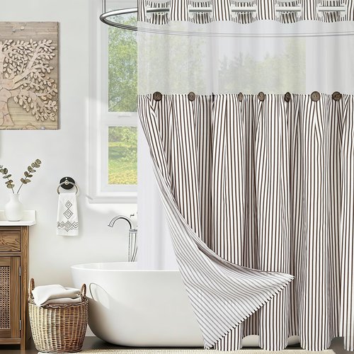 ASPMIZ Farmhouse Shower Curtain and Liner Set, No Hook Shower Curtain with Snap in Liner Fabric, Rustic Washable Waterproof Bathroom Curtains with Button, Mesh Top Window, Brown Striped, 71"x 74"