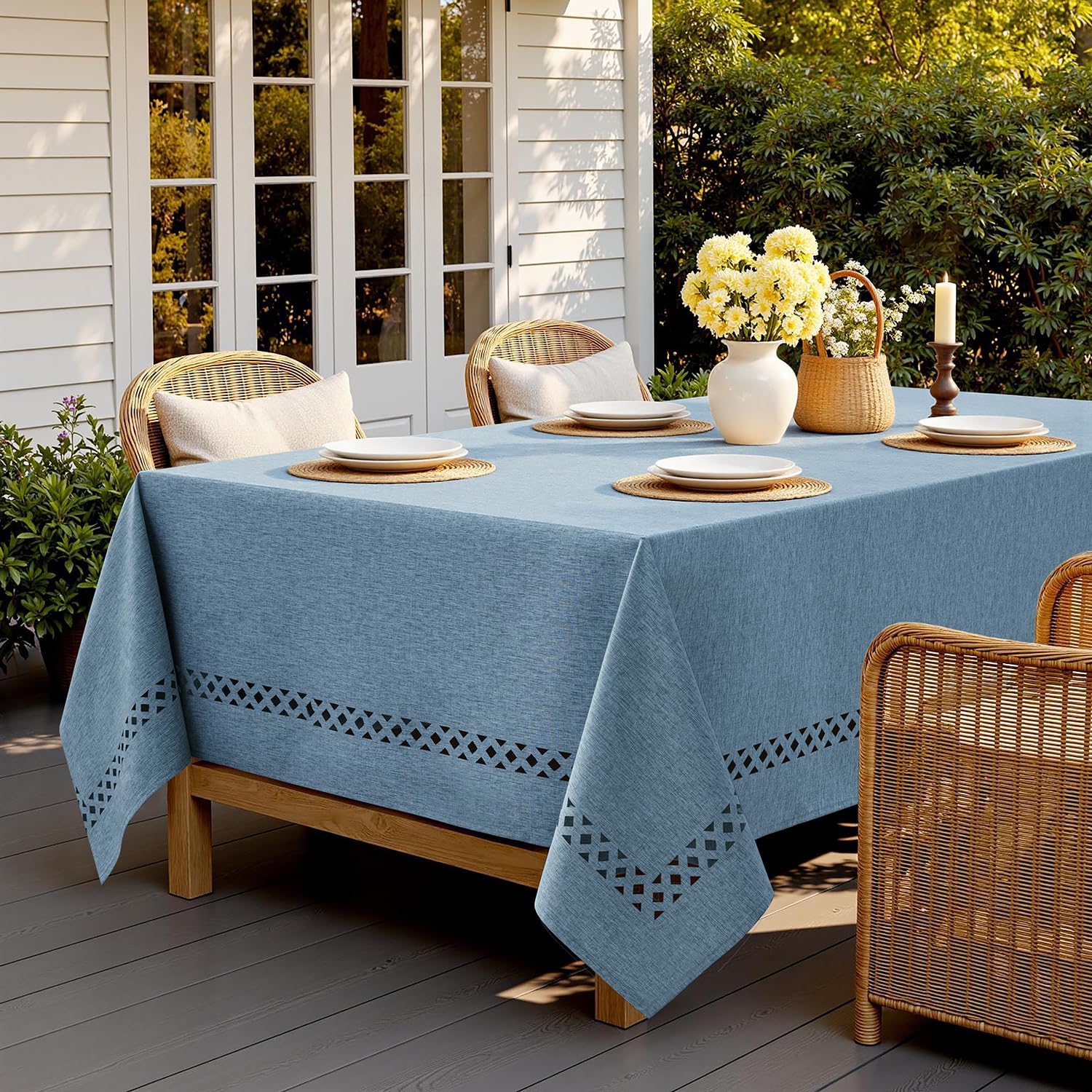 MIULEE Dusty Blue Rectangle Linen Polyester Tablecloth with Decorative Cutouts Waterproof Stain Resistant & Shrink-Proof Table Cloth 60x120 inch Farmhouse Style for Dining Wedding Party