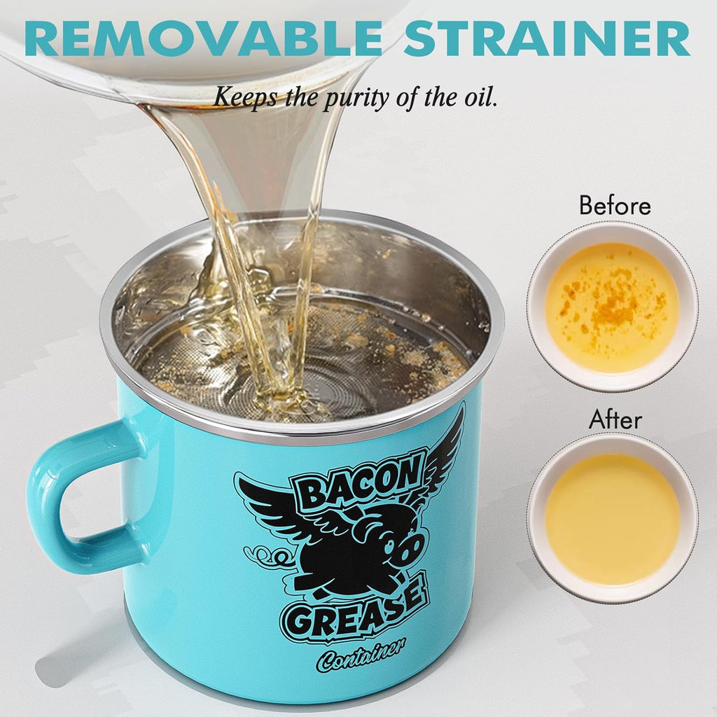 PGYARD Mini Bacon Grease Container - 15oz Enamel Strainer for Farmhouse Kitchen (Light Blue)