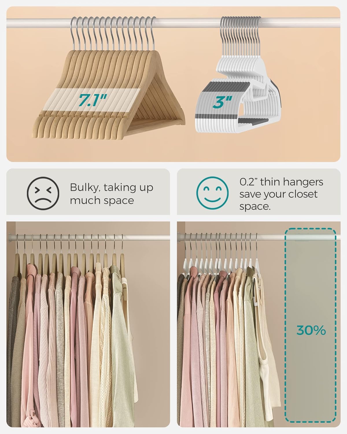 SONGMICS Heavy-Duty Plastic Coat Hangers - Space-Saving Design with 360º Swivel Hook | 16.3 Inches Wide, Cloud White & Dark Gray
