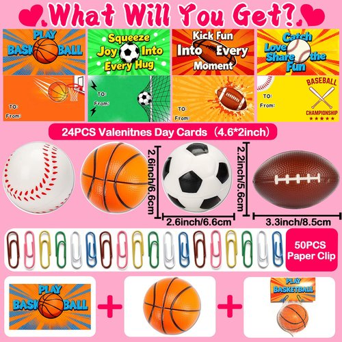 24 Pack Sports Stress Balls Valentines Day Cards For Kids School Classroom Exchange Valentine Day Gift Football Soccer Baseball Basketball Party Favors Supplies For Boys Girls Valentine Exchange Cards