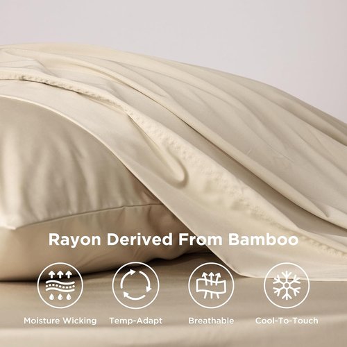 Bedsure Cooling Sheets - Twin XL Bamboo Rayon, Breathable & Soft, Deep Pocket Up to 16 Inches, Beige