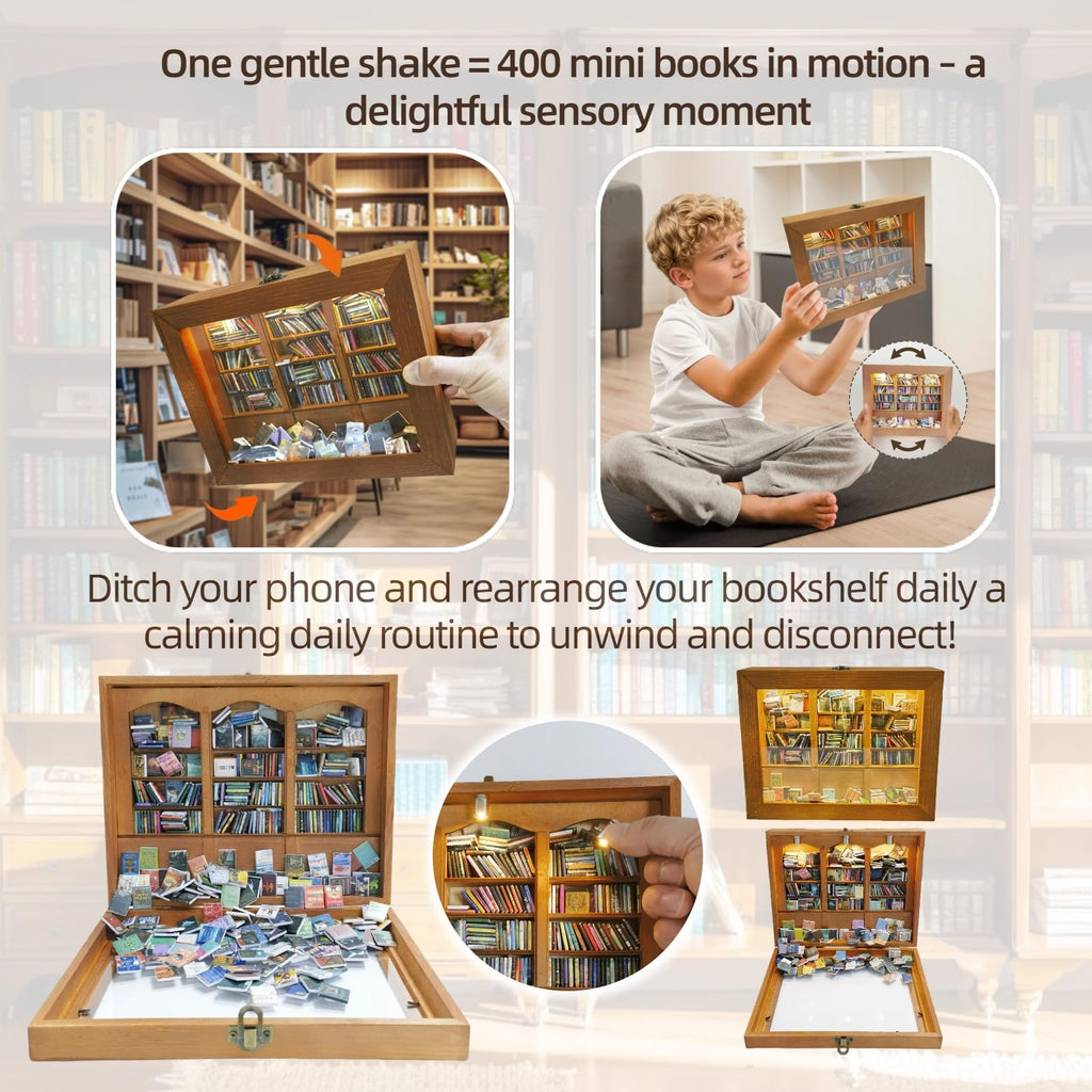 Anxiety Bookshelf with 6 Decorative Mini Lights and 400 Mini Book Pieces, Miniature Bookshelf, Book Organizer for Office Desk, Library Decor for Tiny Home and Bookish Spaces, 10.2 x 9.1 x 3.1 in