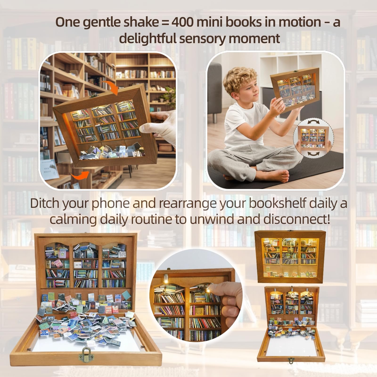 Anxiety Bookshelf with 6 Decorative Mini Lights and 400 Mini Book Pieces, Miniature Bookshelf, Book Organizer for Office Desk, Library Decor for Tiny Home and Bookish Spaces, 10.2 x 9.1 x 3.1 in