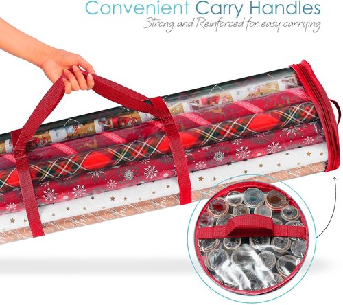 Hearth & Harbor Wrapping Paper Storage Container - Tear-Proof Organizer Holds Up to 14 Rolls - Clear Red Design