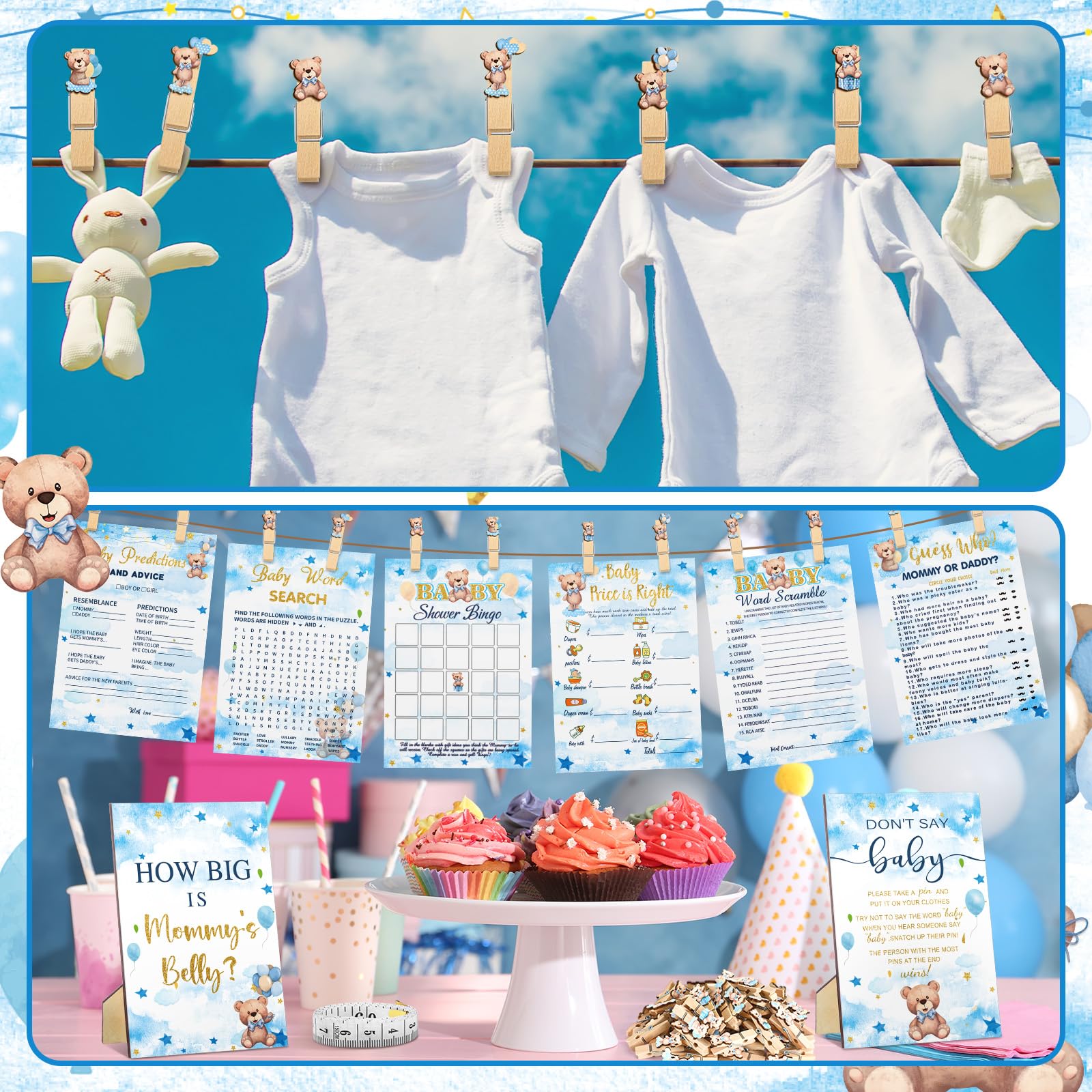 Funnymoom 426 Pcs Blue Theme Bear Baby Shower Decorations Games Set-8 Games Includes Bearly Wait Baby Shower Decorations Bingo Prediction and Advice How Big is Mommy's Belly Don't Say The Words