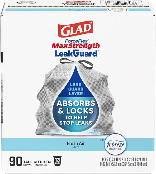 Glad ForceFlex MaxStrength Trash Bags - 13 Gallon, Fresh Air Scent, 90 Count | LeakGuard Technology