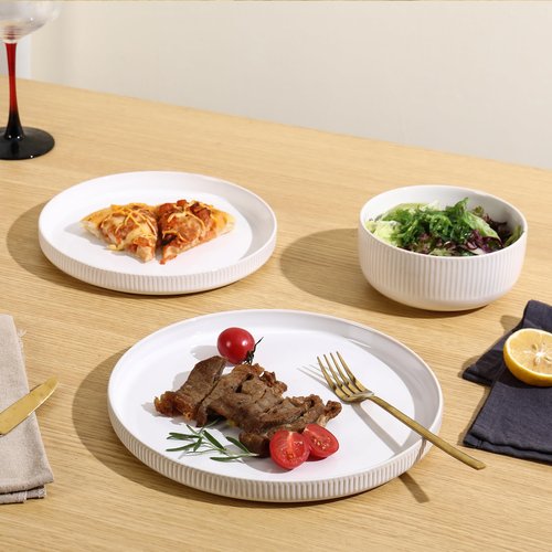 Frewinky Ceramic Dinnerware Sets for 4, Round Reactive Glaze Porcelain Plates and Bowls Sets, Scratch Resistant Modern Dishes Set, Dishwasher & Microwave Safe, Service for 4-White