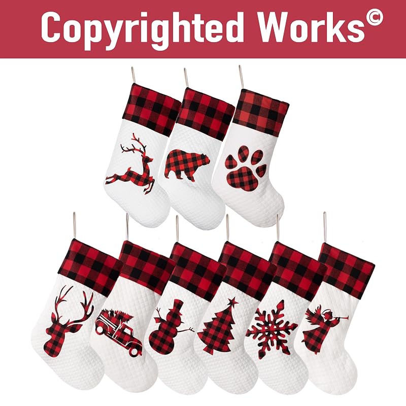 Set of 4 20in Christmas Stockings – Buffalo Plaid Rustic Farmhouse Cotton with White Variation