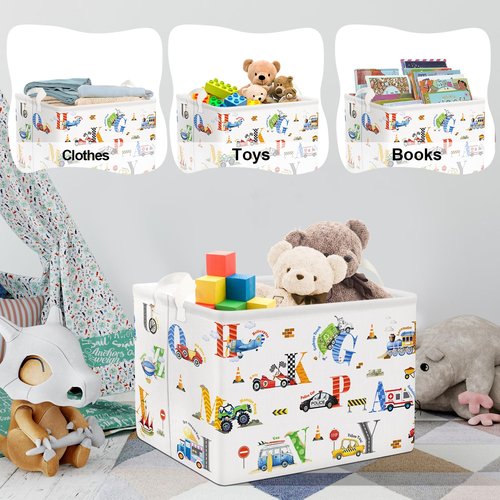 Clastyle Large Alphabet Construction Car Book Shelf Basket Collapsible Rectangle Excavator Ambulance Monster Truck Boy Bin Clothes Toy Car Storage Basket for Kids Room Nursery