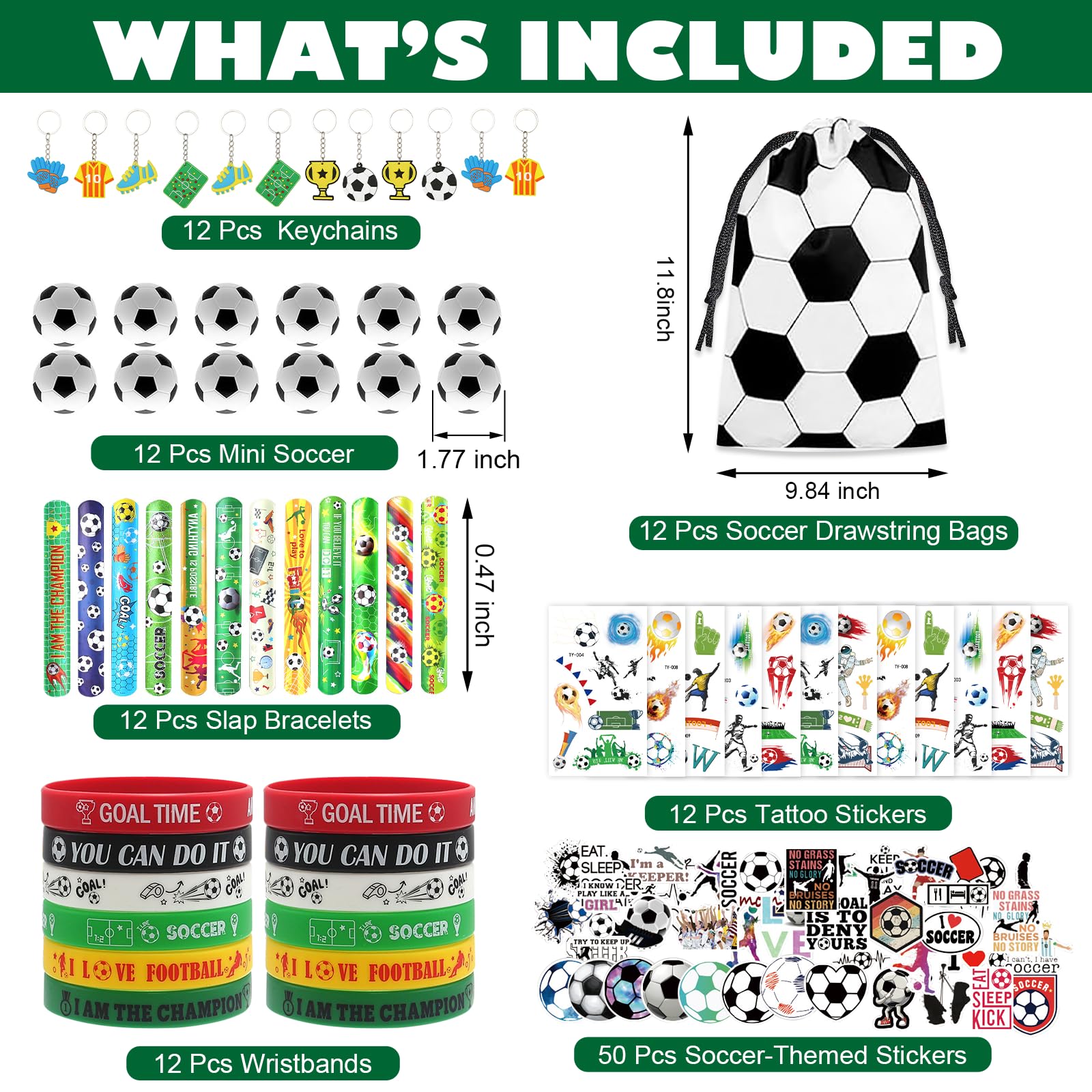 LaJasya 122 Pcs Soccer Party Favors Drawstring Bags Soccer Goodie Bag with Mini Ball, Wristband, Slap bracelets, Keychains, Stickers,Tattoo Stickers for Soccer Themed Party Supplies