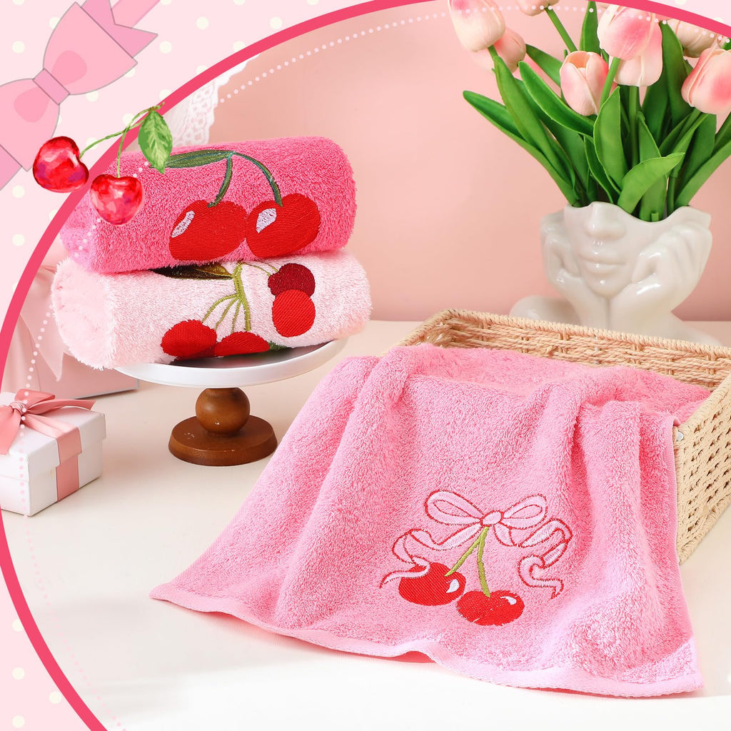 Tingjoo 3 Pcs Cherry Hand Towels 14x29 Inch Spring Summer Pink Preppy Bow Cherries Bathroom Decor Cotton Embroidered Soft Absorbent Towels for Bathroom Kitchen