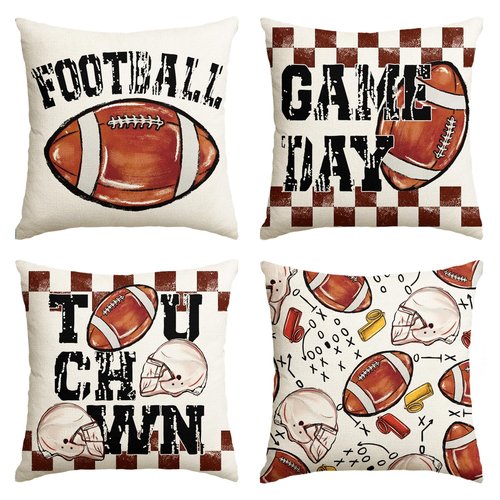 AVOIN colorlife Football Game Day Throw Pillow Covers, 18 x 18 Inch American Football Game Touch Down Sports White Cushion Case for Sofa Couch Set of 4