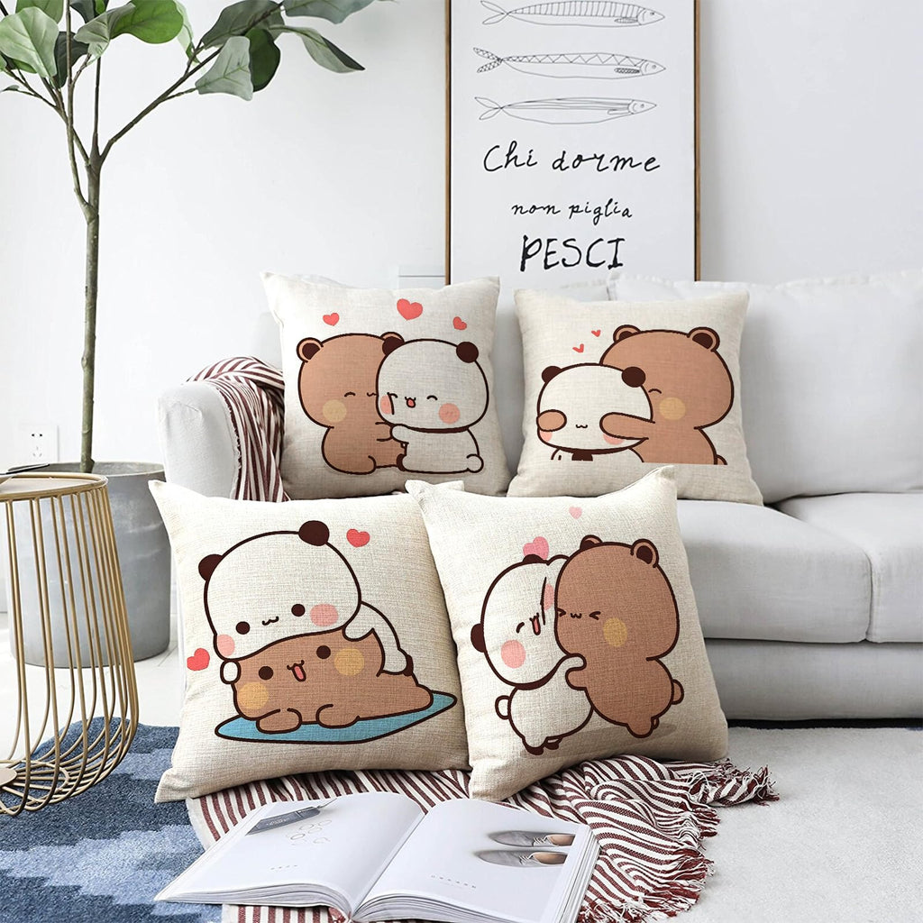 YOKUSHI Bubu and Dudu Bears Throw Pillow Covers 18x18 Set of 4, Linen Double-Sided Decorative Couch Pillow Cases with Invisible Zipper, Living Room Sofa Decor (B)