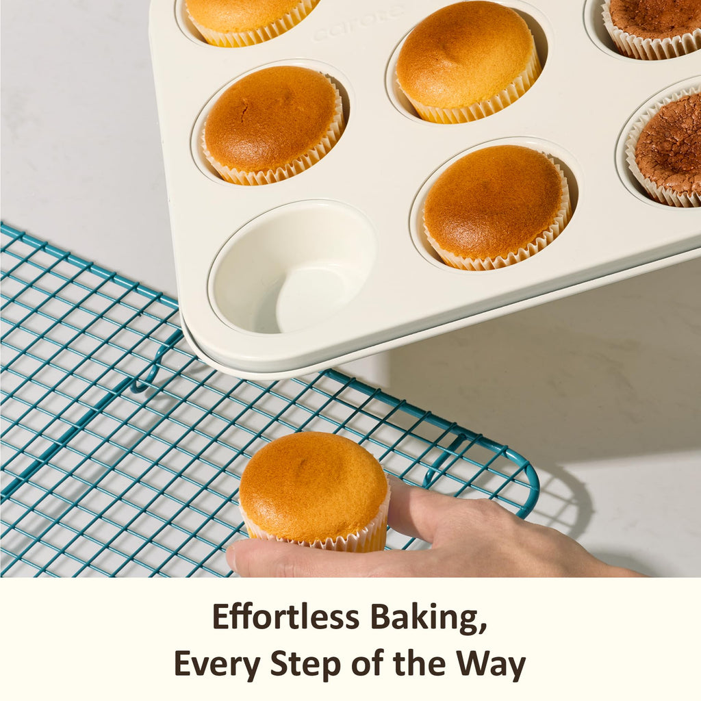 CAROTE 7-Piece Ceramic Baking Pans Set, Aluminized Steel Bakeware Sets, Toxin-Free Nonstick Stackable Oven Pans with Cookie Sheet, Muffin Pan, Loaf Pan, Roasting Pan, Cake Pans, Cooling Rack