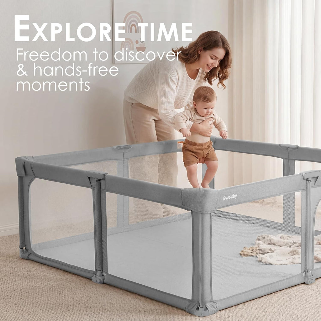 Sweeby Baby Playpen - Extra Large 59x59 Inch Foldable Play Yard with Door | Gray Indoor/Outdoor Fence