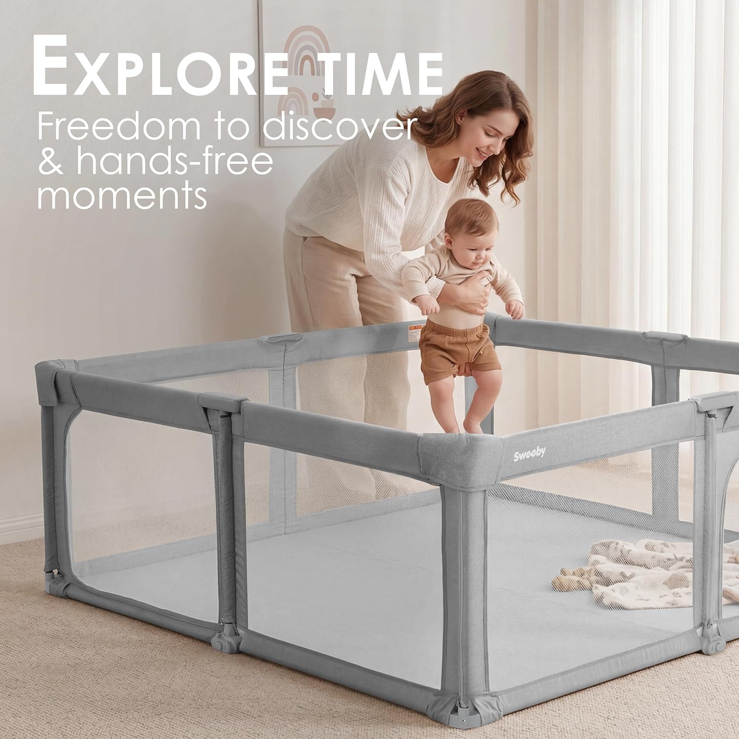 Sweeby Baby Playpen - Extra Large 59x59 Inch Foldable Play Yard with Door | Gray Indoor/Outdoor Fence