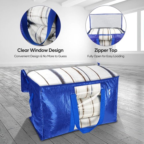BALEINE Oversized Moving Bags - Heavy-Duty Storage Totes with Reinforced Handles | Blue w/Window, 4-Pack